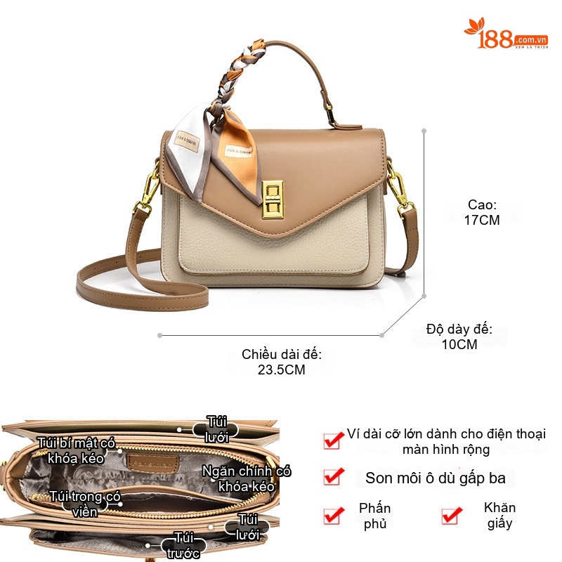 Túi Xách Nữ Khóa Gài Mini Phom Vuông Đeo Vai/Đeo Chéo Màu Đen, Kem, Nâu
