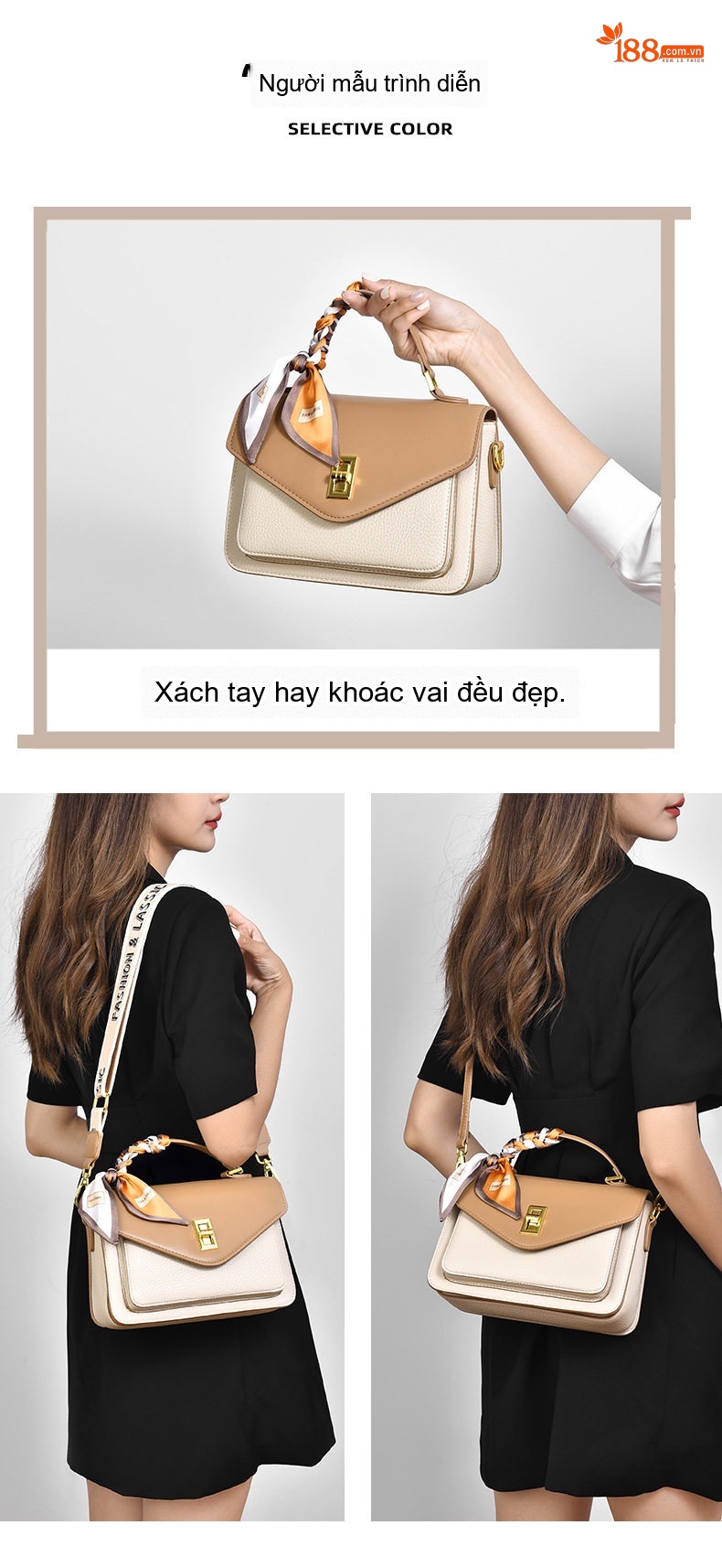 Túi Xách Nữ Khóa Gài Mini Phom Vuông Đeo Vai/Đeo Chéo Màu Đen, Kem, Nâu chi tiết 6