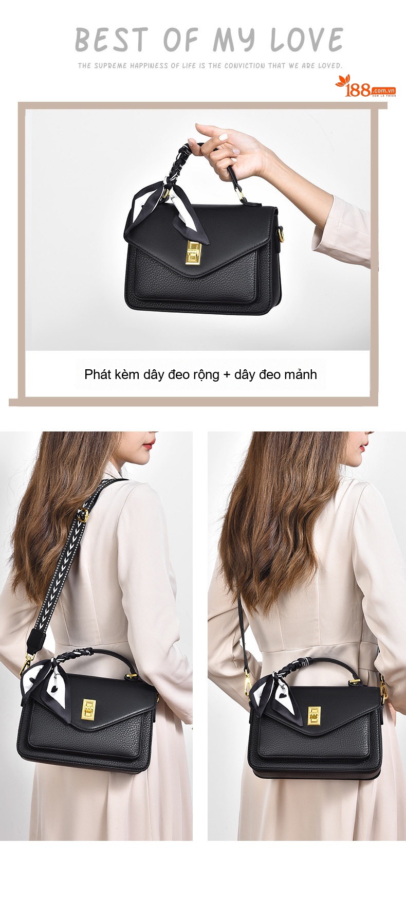 Túi Xách Nữ Khóa Gài Mini Phom Vuông Đeo Vai/Đeo Chéo Màu Đen, Kem, Nâu chi tiết 7