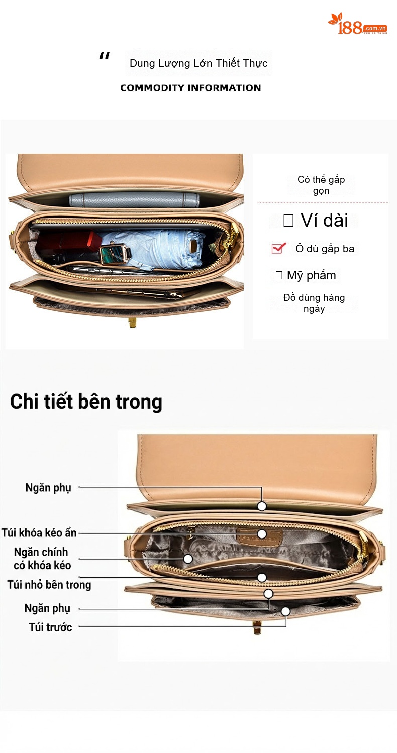 Túi Xách Nữ Khóa Gài Mini Phom Vuông Đeo Vai/Đeo Chéo Màu Đen, Kem, Nâu chi tiết 13