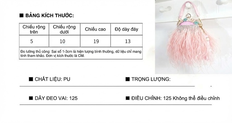 Túi Xách Nữ Lông Đà Điểu Dự Tiệc Đính Đá Quai Xách Tay/Đeo Vai Màu Trắng, Hồng, Đen chi tiết 27