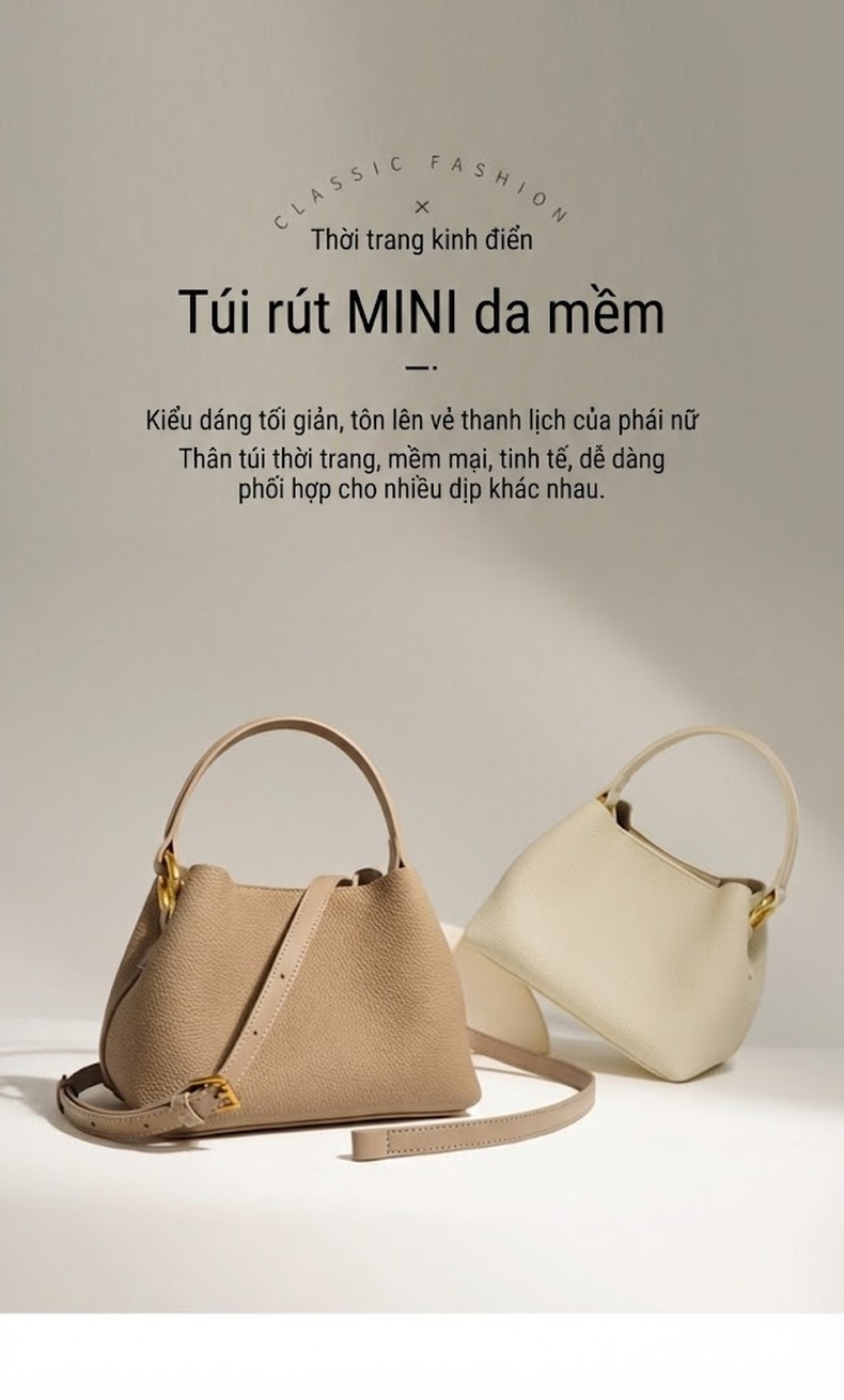 Túi Xách Nữ Mini Bucket Da Bò Mềm Mại Thiết Kế Đeo Vai, Đeo Chéo Màu Kem chi tiết 2