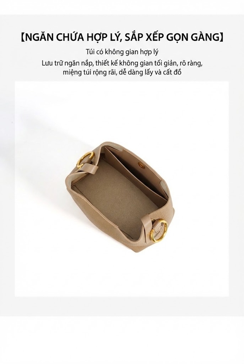 Túi Xách Nữ Mini Bucket Da Bò Mềm Mại Thiết Kế Đeo Vai, Đeo Chéo Màu Kem chi tiết 6