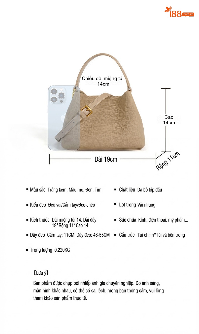 Túi Xách Nữ Mini Bucket Da Bò Mềm Mại Thiết Kế Đeo Vai, Đeo Chéo Màu Kem chi tiết 5