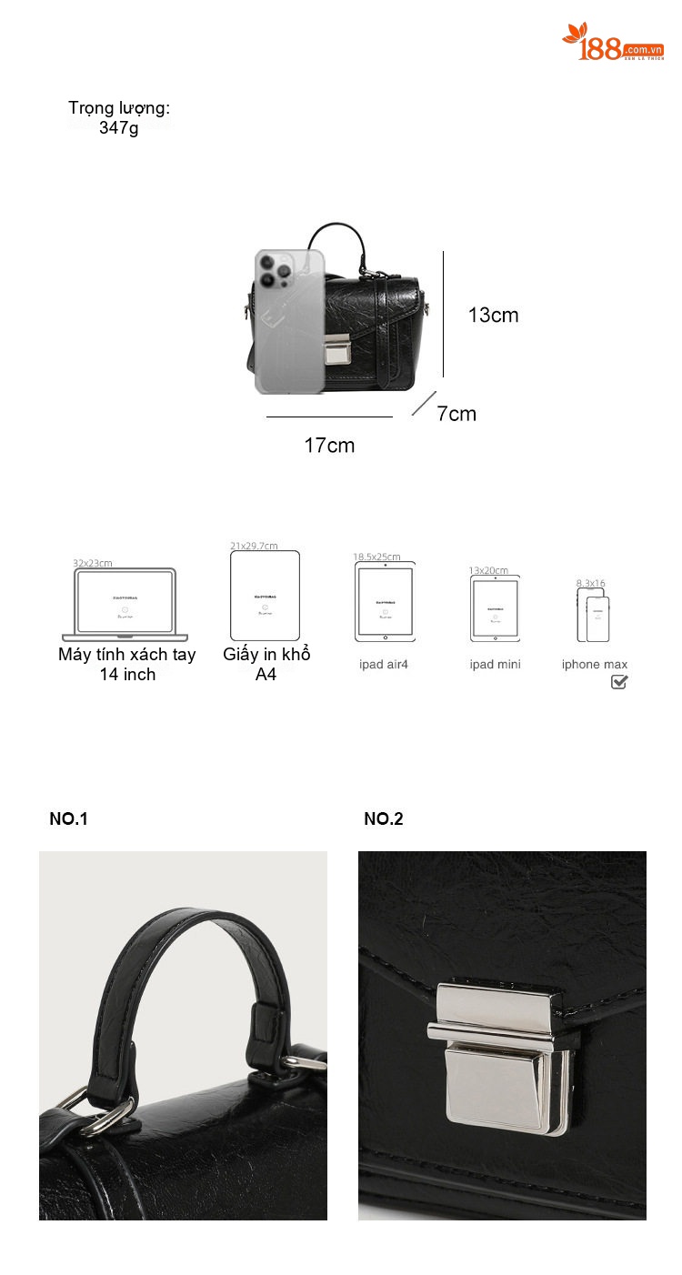 Túi Xách Nữ Mini Cầm Tay Đeo Vai Đeo Chéo Phong Cách Retro Màu Đen, Trắng chi tiết 4