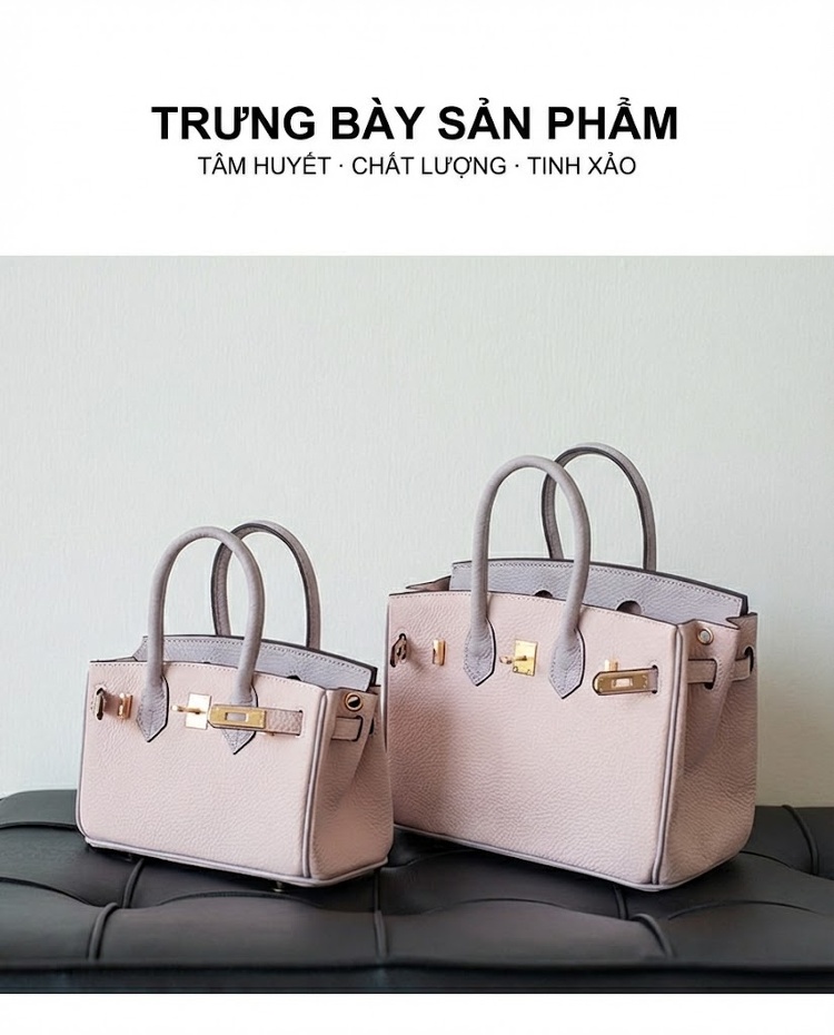 Túi Xách Nữ Mini Da Bò Platinum Kelly Đeo Vai, Xách Tay, Đeo Chéo Màu Hồng, Xám chi tiết 5