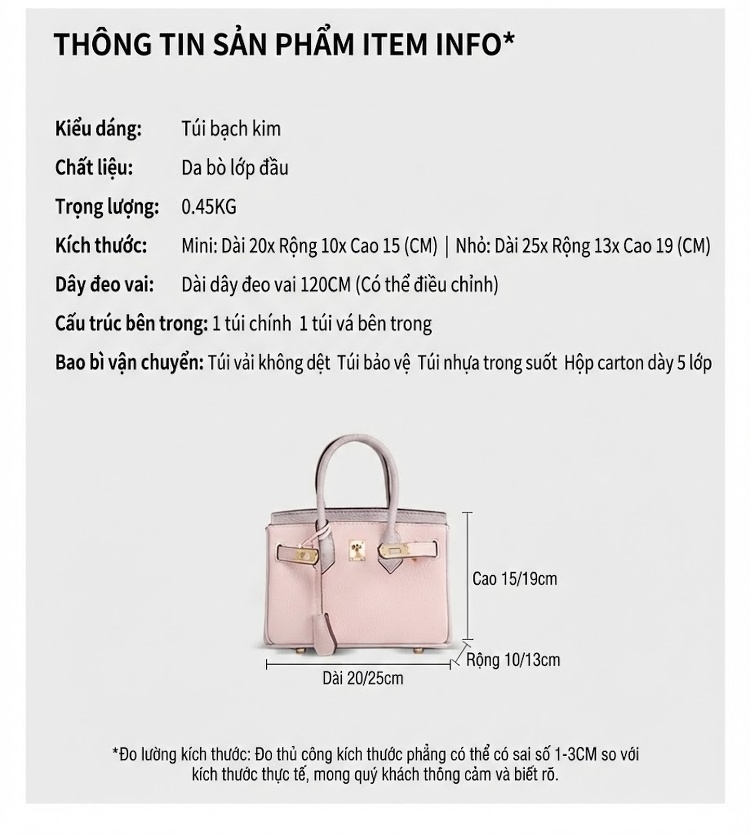 Túi Xách Nữ Mini Da Bò Platinum Kelly Đeo Vai, Xách Tay, Đeo Chéo Màu Hồng, Xám chi tiết 6