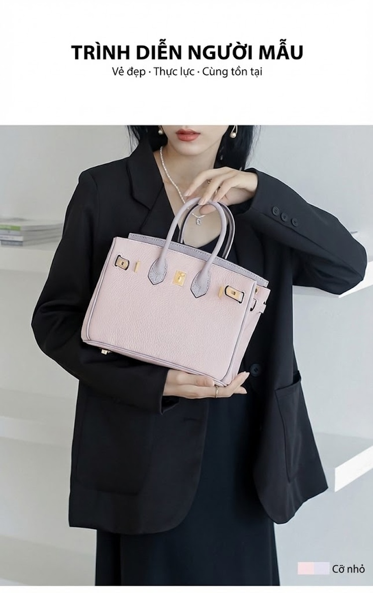 Túi Xách Nữ Mini Da Bò Platinum Kelly Đeo Vai, Xách Tay, Đeo Chéo Màu Hồng, Xám chi tiết 7