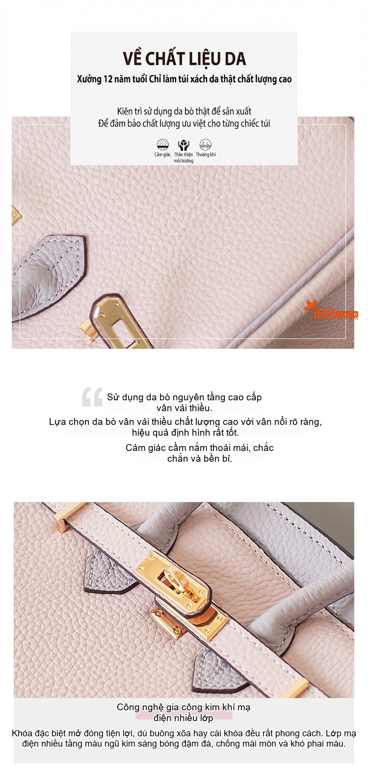 Túi Xách Nữ Mini Da Bò Platinum Kelly Đeo Vai, Xách Tay, Đeo Chéo Màu Hồng, Xám chi tiết 4