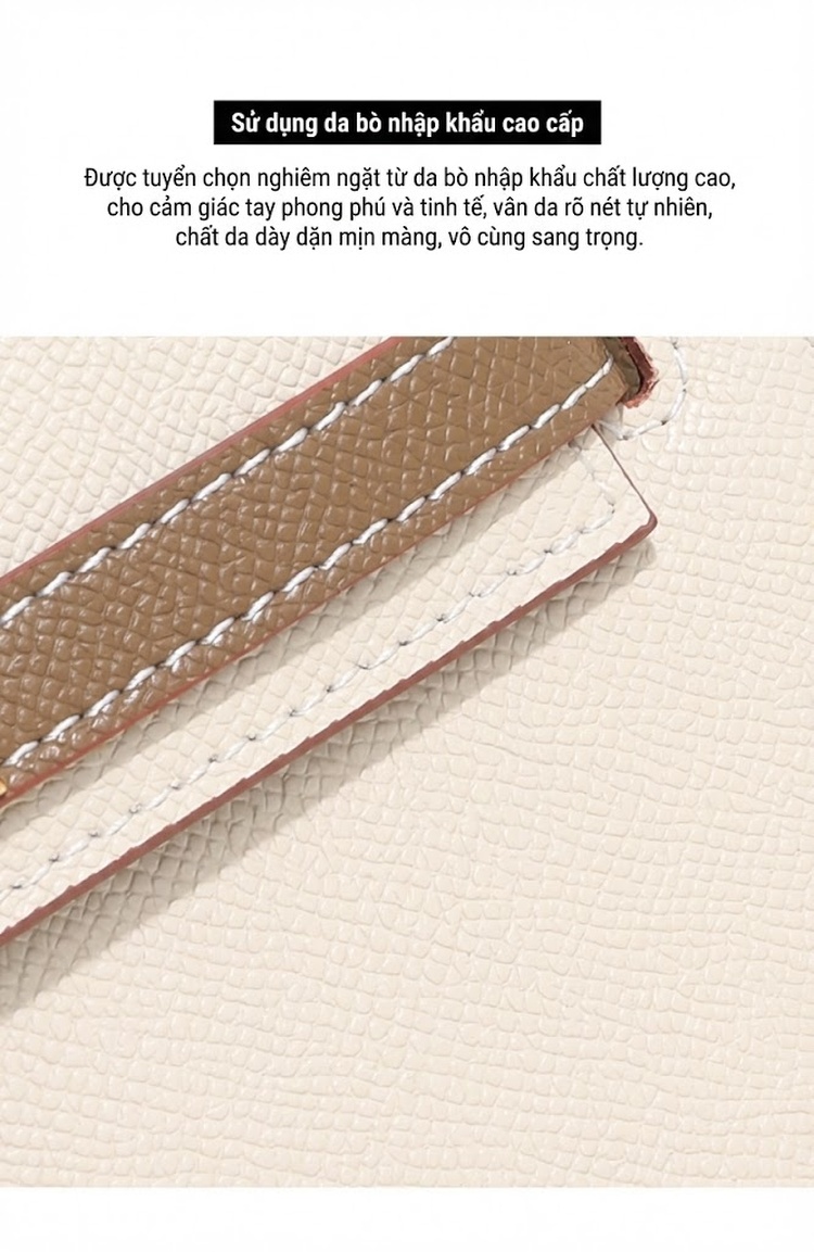 Túi Xách Nữ Mini Da Bò Vân Tay Hai Màu Đeo Vai, Đeo Chéo Màu Trắng, Nâu chi tiết 4