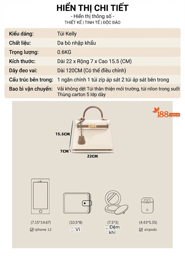 Túi Xách Nữ Mini Da Bò Vân Tay Hai Màu Đeo Vai, Đeo Chéo Màu Trắng, Nâu chi tiết 6