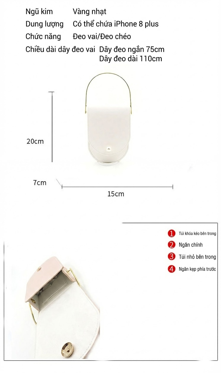 Túi Xách Nữ Mini Da Bóng Đeo Vai, Đeo Chéo, Xách Tay Màu Trắng, Hồng chi tiết 1