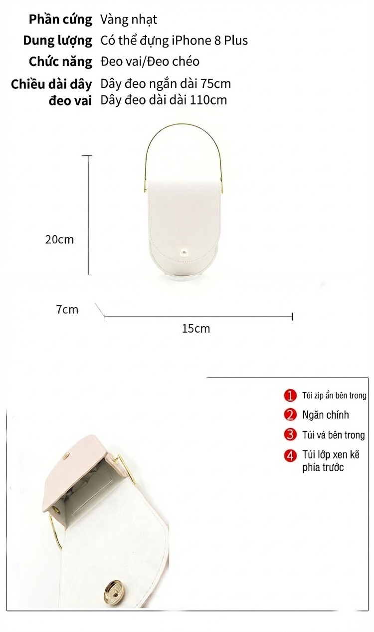 Túi Xách Nữ Mini Da Bóng Đeo Vai, Đeo Chéo, Xách Tay Màu Trắng, Hồng chi tiết 14