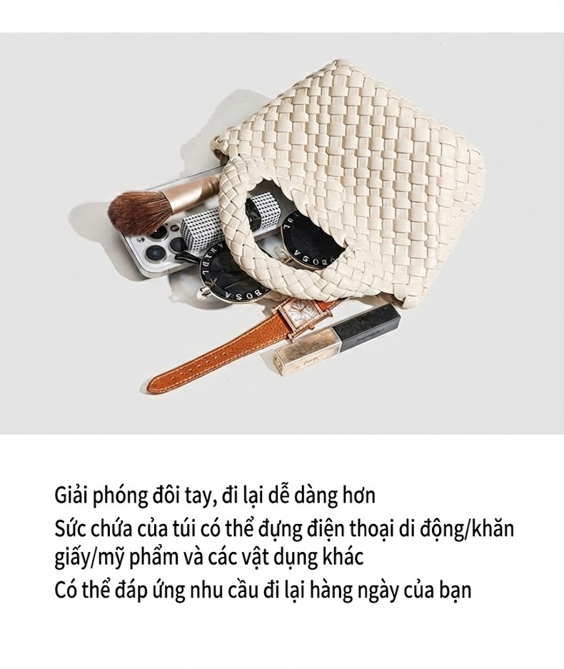 Túi Xách Nữ Mini Đan Thủ Công Quai Xách Tay Dây Đeo Chéo Bề Mặt Vải Dệt Màu Hồng, Vàng, Nâu chi tiết 3