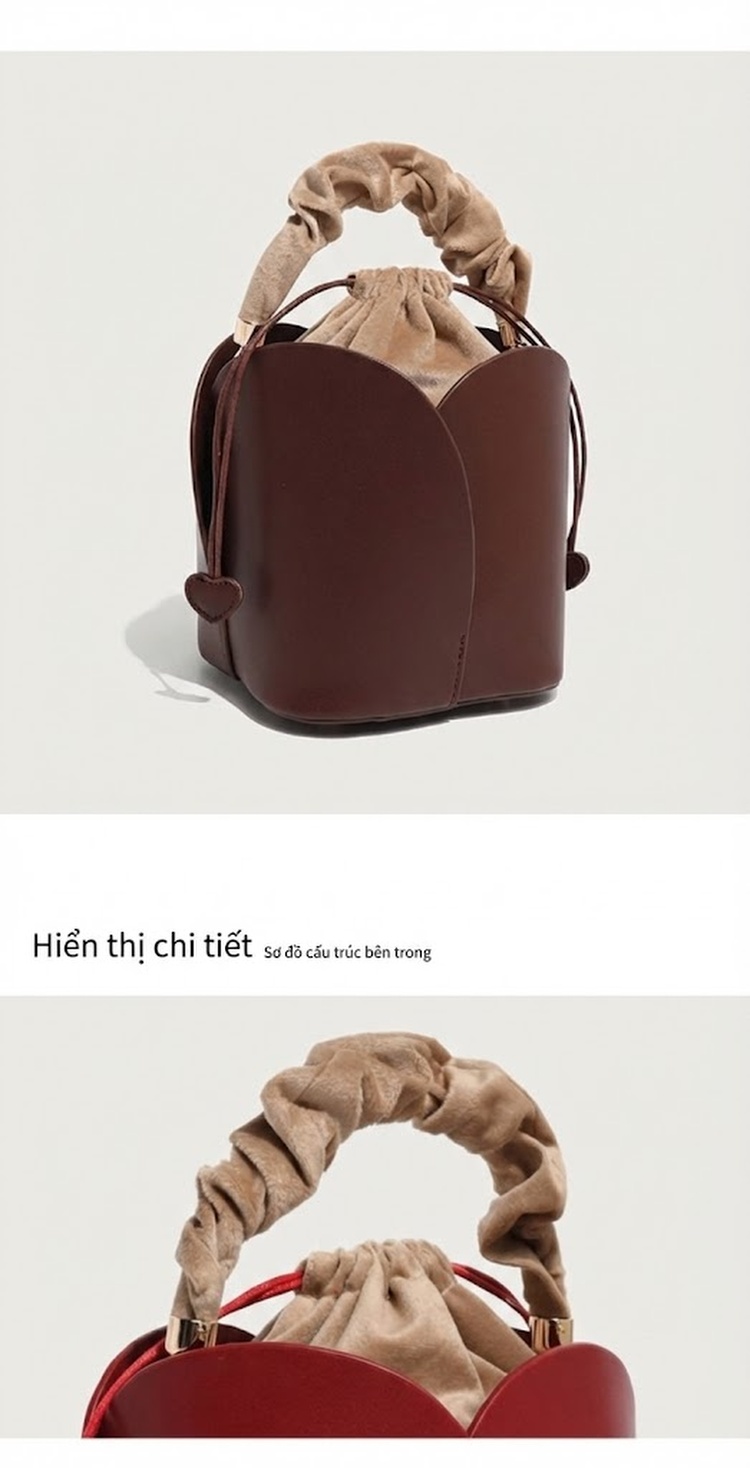 Túi Xách Nữ Mini Dáng Hoa Tulip Túi Rút Hình Tròn Da Bóng Màu Đỏ, Nâu chi tiết 17