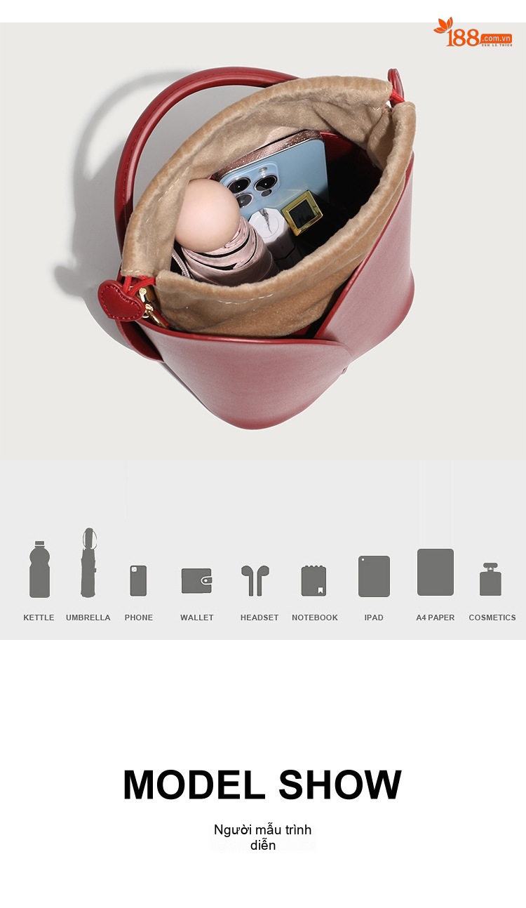 Túi Xách Nữ Mini Dáng Hoa Tulip Túi Rút Hình Tròn Da Bóng Màu Đỏ, Nâu chi tiết 5