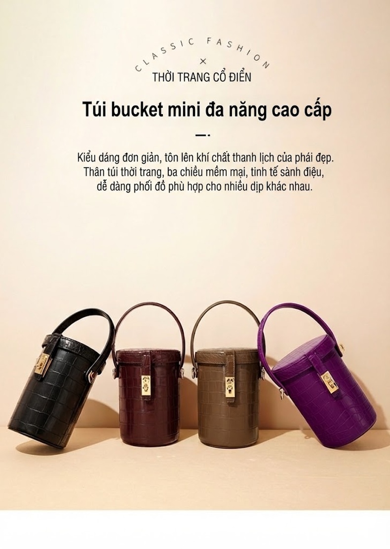 Túi Xách Nữ Mini Dáng Trụ Tròn Đeo Chéo Thời Trang Cao Cấp Màu Đen, Nâu, Tím, Đỏ chi tiết 2