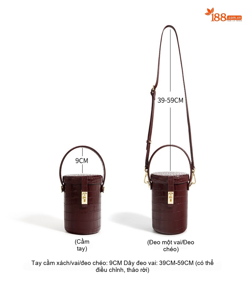Túi Xách Nữ Mini Dáng Trụ Tròn Đeo Chéo Thời Trang Cao Cấp Màu Đen, Nâu, Tím, Đỏ chi tiết 11