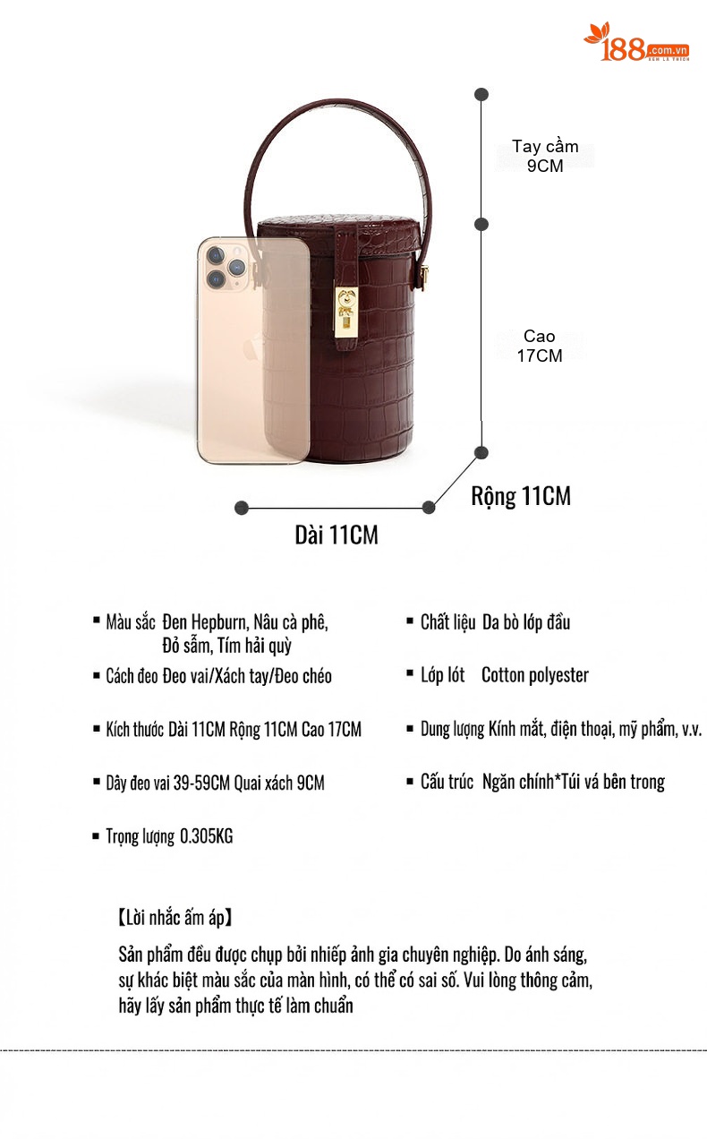 Túi Xách Nữ Mini Dáng Trụ Tròn Đeo Chéo Thời Trang Cao Cấp Màu Đen, Nâu, Tím, Đỏ chi tiết 9