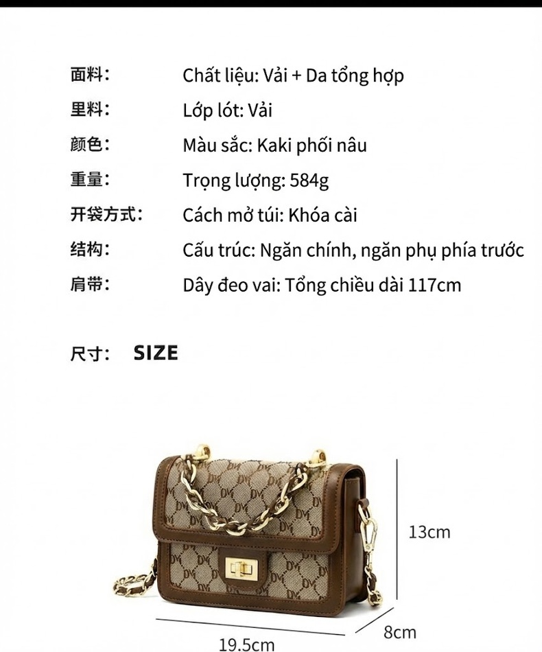 Túi Xách Nữ Mini Đeo Chéo Dây Xích Họa Tiết Chữ Phong Cách Nhỏ Nhắn Màu Nâu chi tiết 4