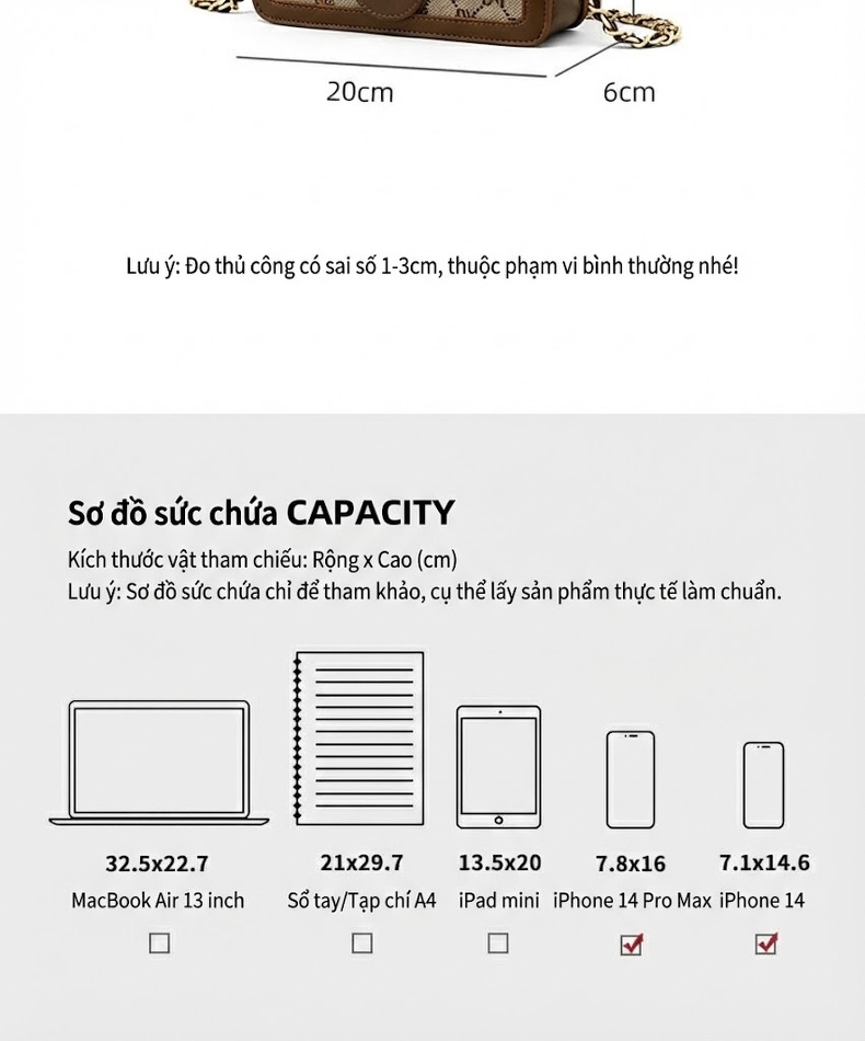 Túi Xách Nữ Mini Đeo Chéo Dây Xích Họa Tiết Chữ Phong Cách Nhỏ Nhắn Màu Nâu chi tiết 5
