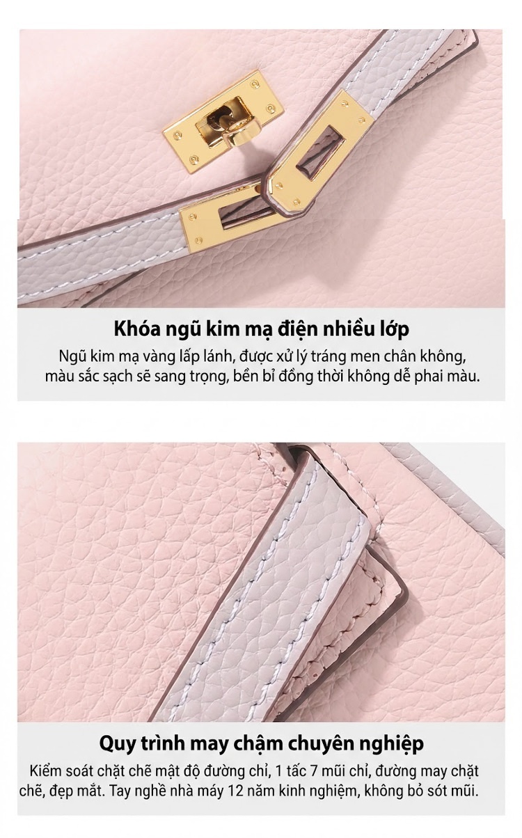 Túi Xách Nữ Mini Kelly Da Bò Đeo Chéo Đeo Vai Màu Trắng, Nâu, Hồng, Xám chi tiết 6