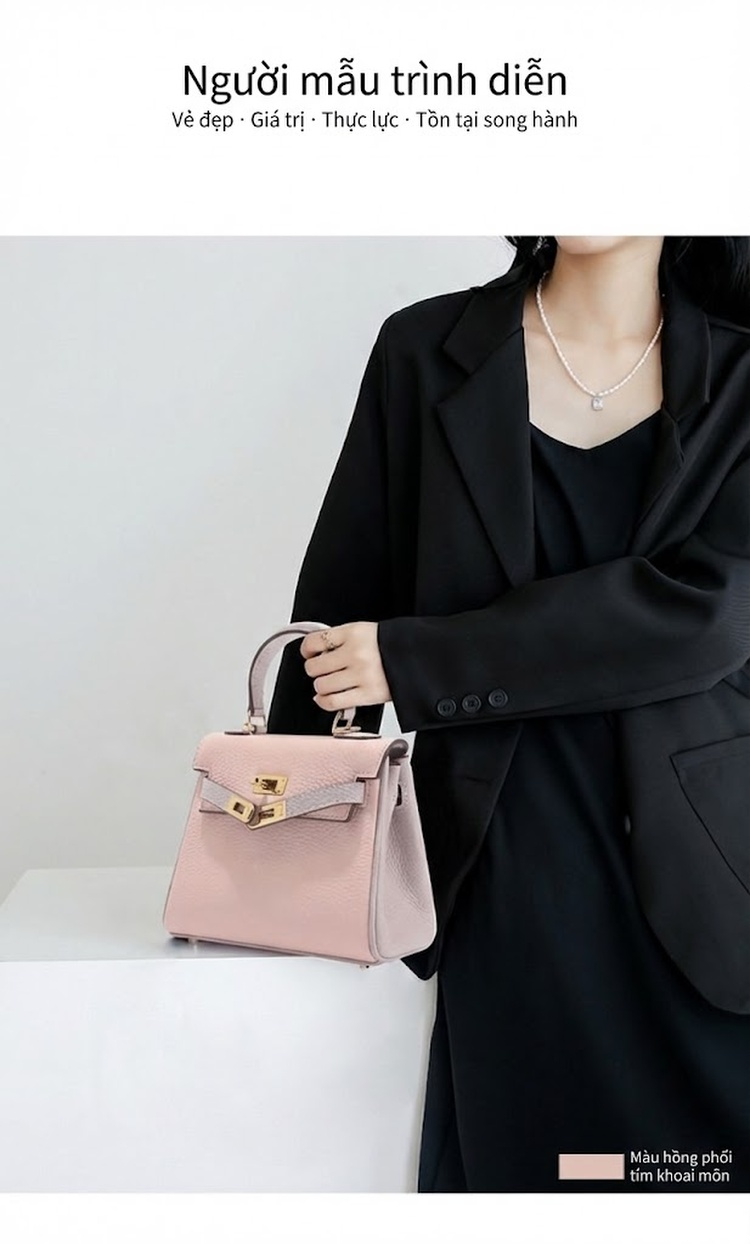 Túi Xách Nữ Mini Kelly Da Bò Đeo Chéo Đeo Vai Màu Trắng, Nâu, Hồng, Xám chi tiết 9