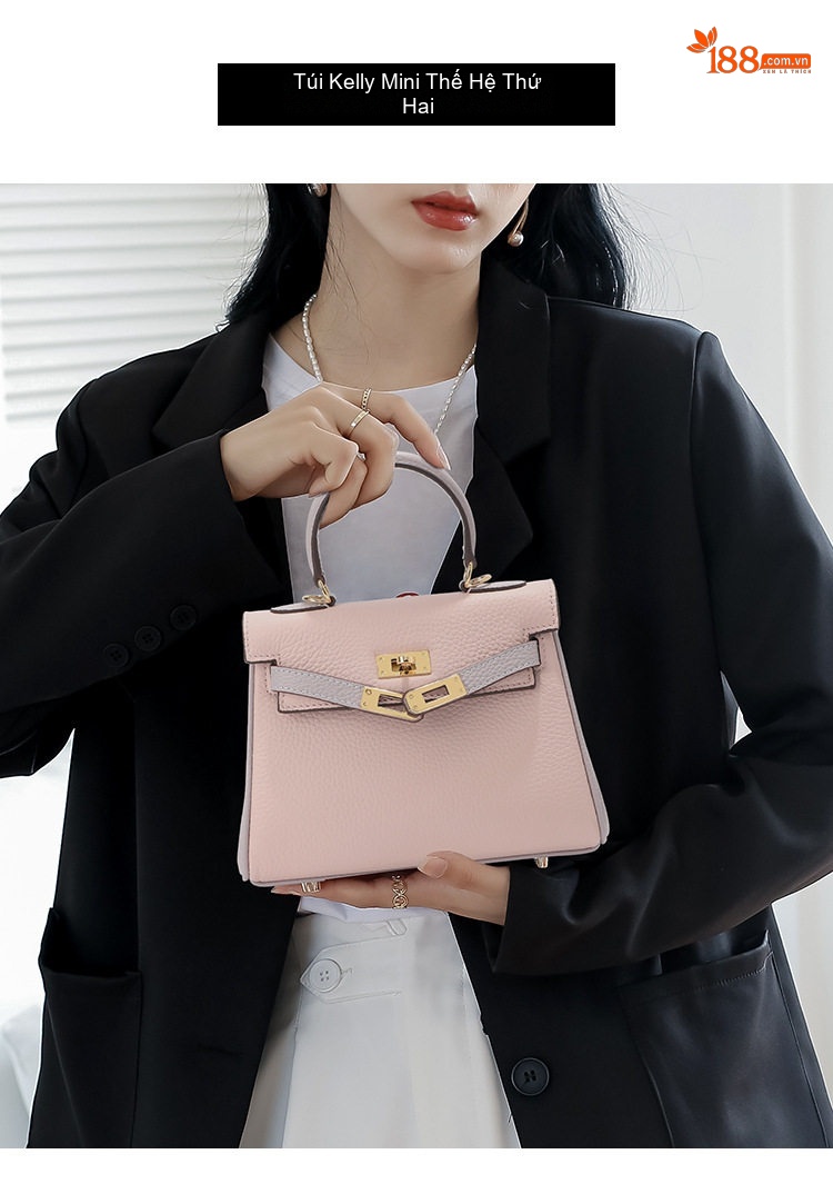 Túi Xách Nữ Mini Kelly Da Bò Đeo Chéo Đeo Vai Màu Trắng, Nâu, Hồng, Xám chi tiết 1