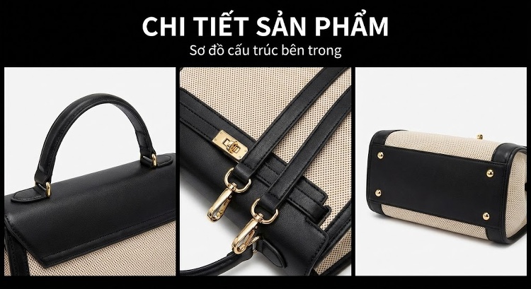 Túi Xách Nữ Mini Platinum Vải Bố Cao Cấp Thiết Kế Đơn Giản Đeo Vai, Xách Tay Màu Nâu, Trắng, Đen chi tiết 15