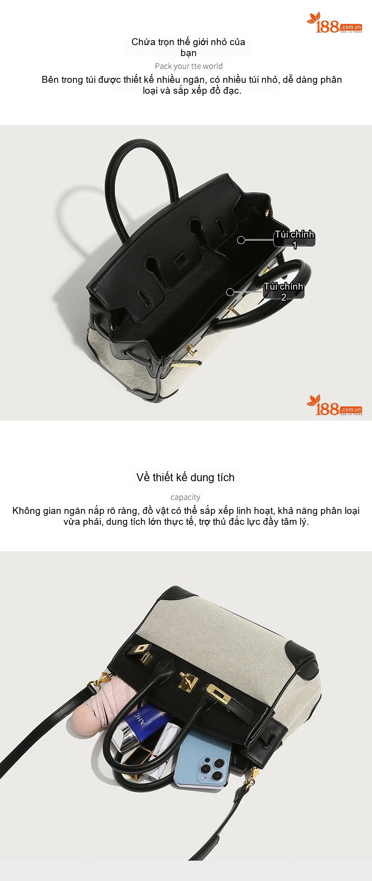 Túi Xách Nữ Mini Platinum Vải Bố Thời Trang Đeo Vai, Xách Tay Màu Nâu, Đen, Kem chi tiết 4