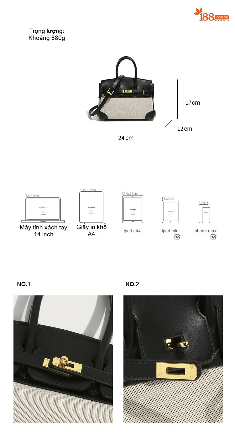 Túi Xách Nữ Mini Platinum Vải Bố Thời Trang Đeo Vai, Xách Tay Màu Nâu, Đen, Kem chi tiết 3