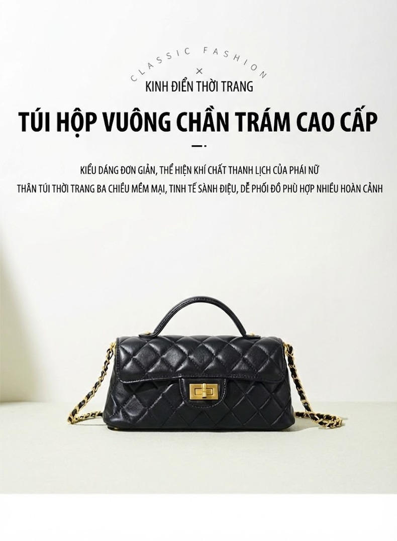 Túi Xách Nữ Mini Quả Trám Bề Mặt Da Bóng Quai Xách Tay Dây Xích Đeo Chéo Màu Đen chi tiết 1