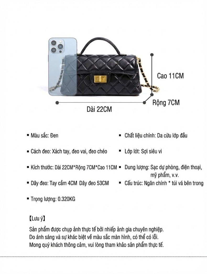 Túi Xách Nữ Mini Quả Trám Bề Mặt Da Bóng Quai Xách Tay Dây Xích Đeo Chéo Màu Đen chi tiết 6