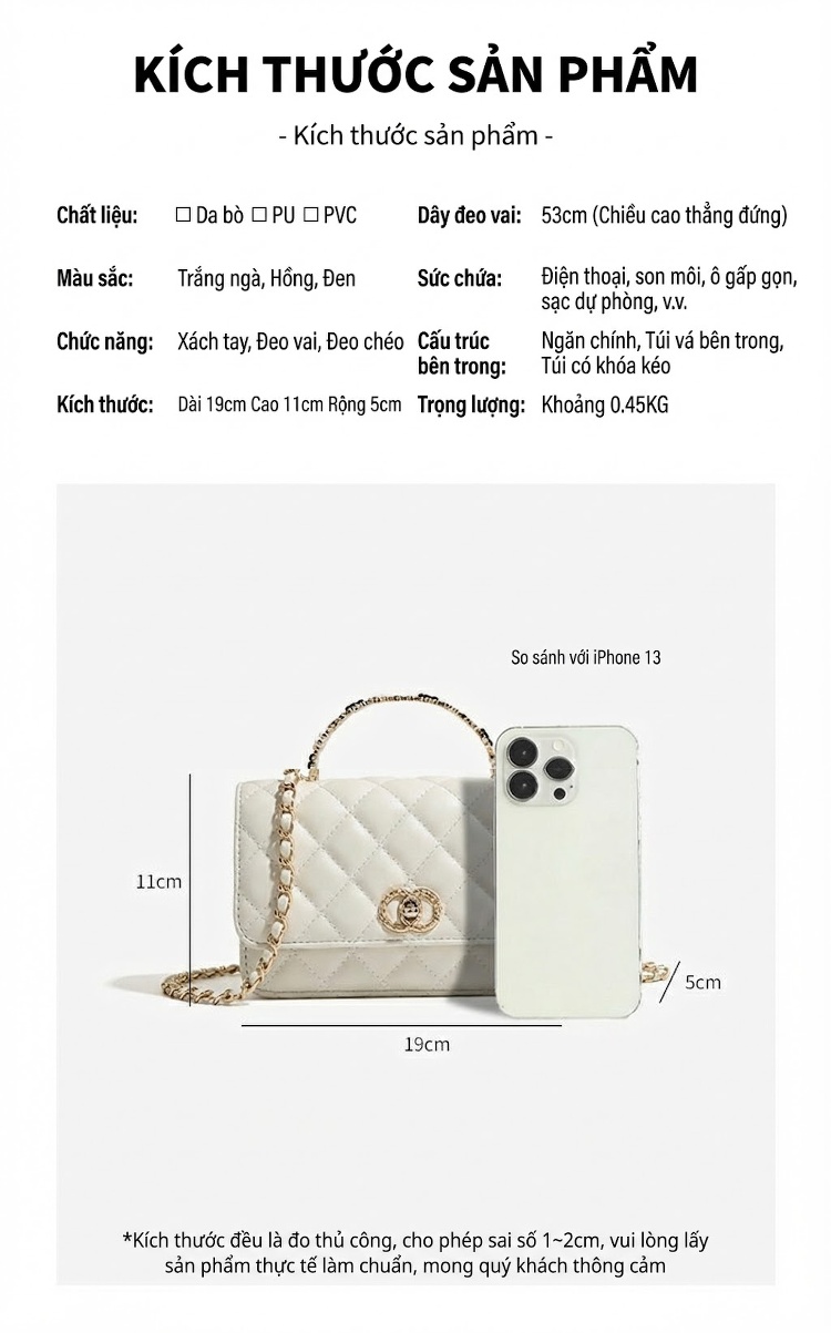 Túi Xách Nữ Mini Quả Trám Tay Cầm Xích Đeo Vai Đeo Chéo Thời Trang Màu Đen, Hồng, Trắng chi tiết 2