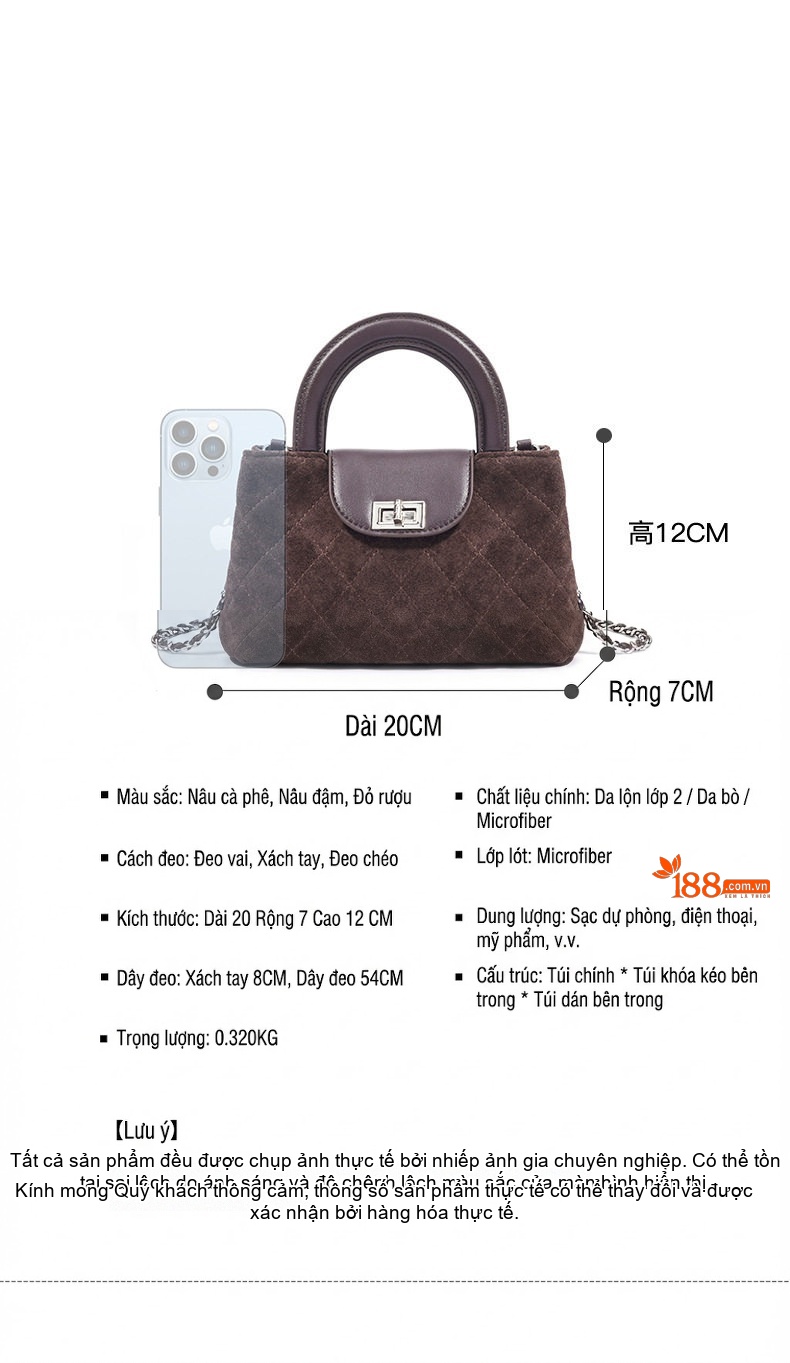 Túi Xách Nữ Mini Quai Xách Tay Da Mờ Chần Ô Trám Dây Xích Đeo Chéo Màu Nâu chi tiết 8