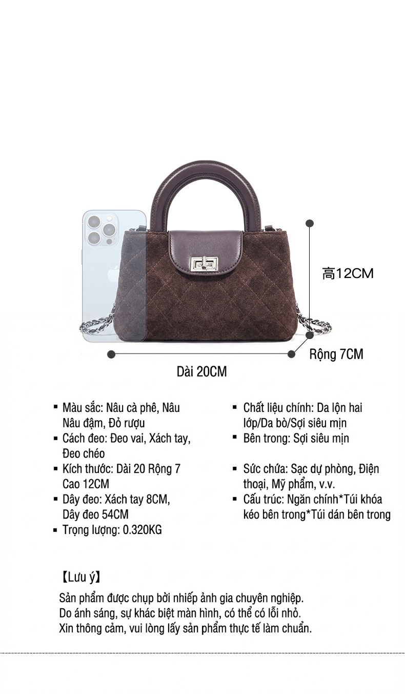 Túi Xách Nữ Mini Quai Xách Tay Da Mờ Chần Ô Trám Dây Xích Đeo Chéo Màu Nâu chi tiết 19