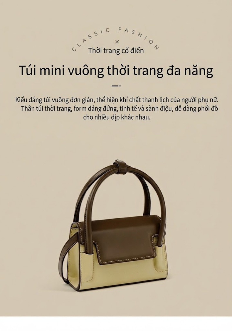 Túi Xách Nữ Mini Thiết Kế Hàn Quốc Nắp Gập Đeo Chéo Da Bóng Màu Nâu, Vàng Kem, Trắng chi tiết 1