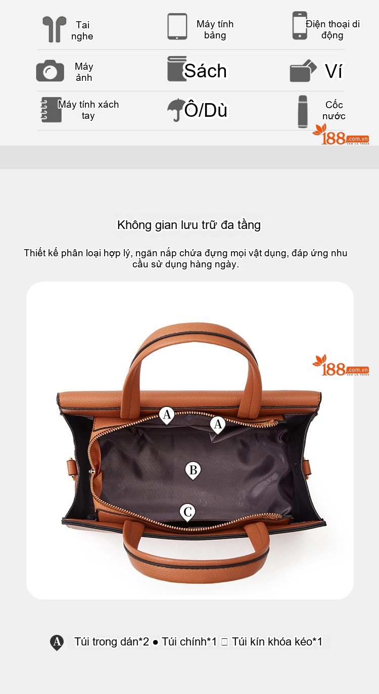 Túi Xách Nữ Set 3 Món Da Bóng Thời Trang Trung Niên Màu Nâu, Đỏ, Xanh Dương, Đen... chi tiết 4
