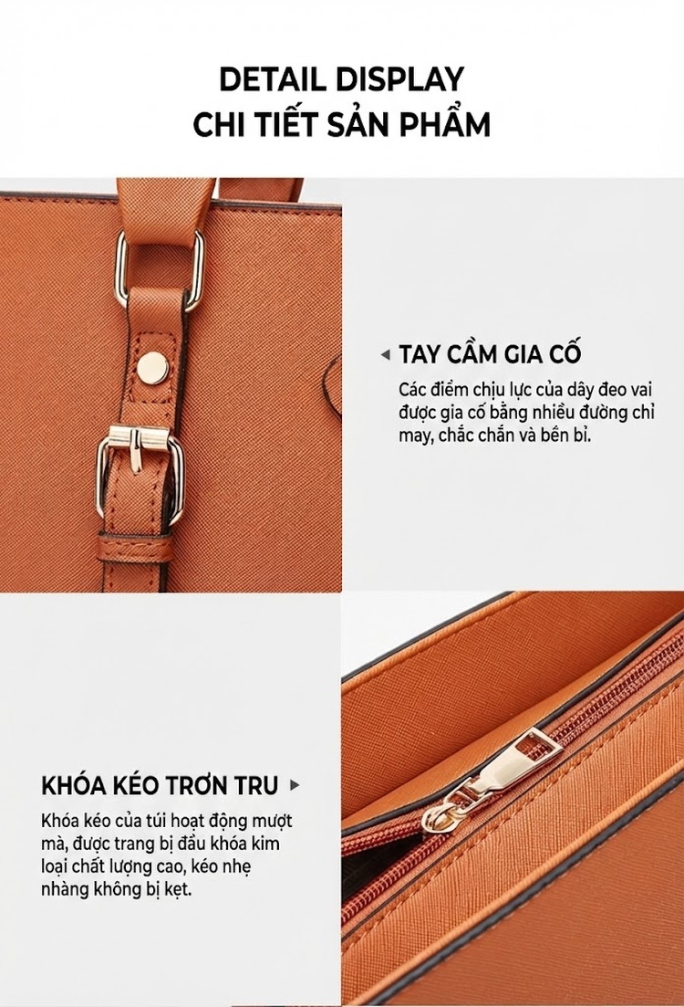 Túi Xách Nữ Set 3 Món Đeo Vai, Xách Tay Da Bóng Thời Trang Công Sở Màu Nâu, Đen, Kem, Xanh Navy... chi tiết 19