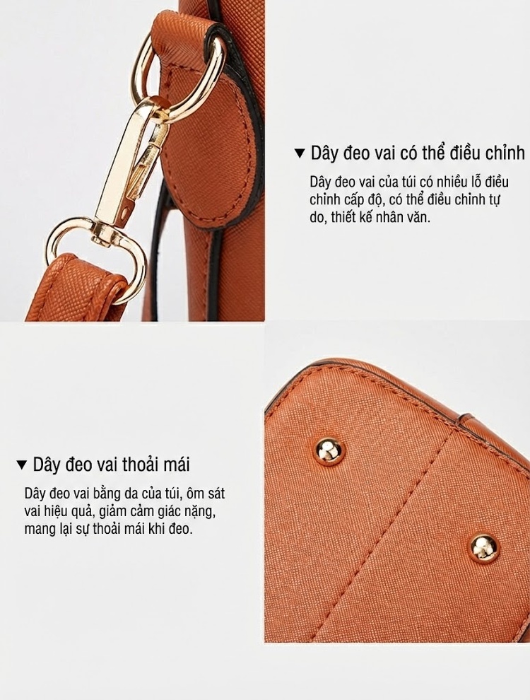 Túi Xách Nữ Set 3 Món Đeo Vai, Xách Tay Da Bóng Thời Trang Công Sở Màu Nâu, Đen, Kem, Xanh Navy... chi tiết 20