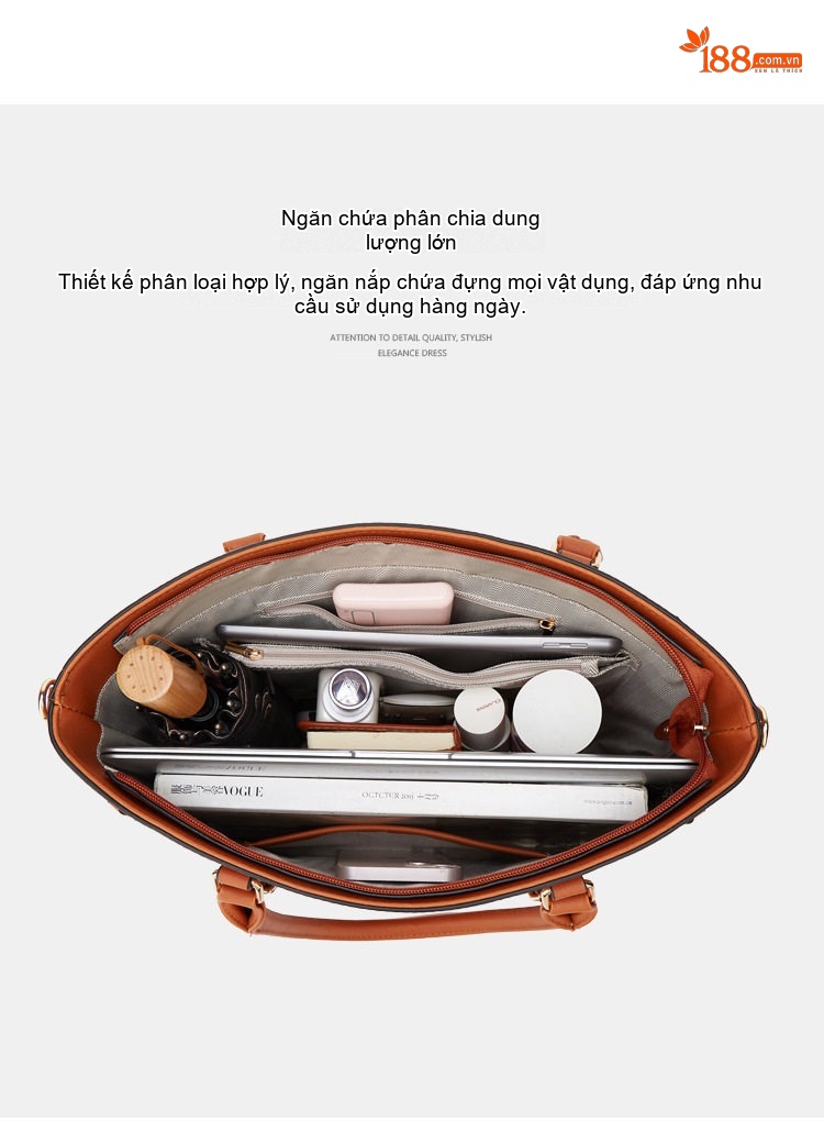 Túi Xách Nữ Set 3 Món Đeo Vai, Xách Tay Da Bóng Thời Trang Công Sở Màu Nâu, Đen, Kem, Xanh Navy... chi tiết 3