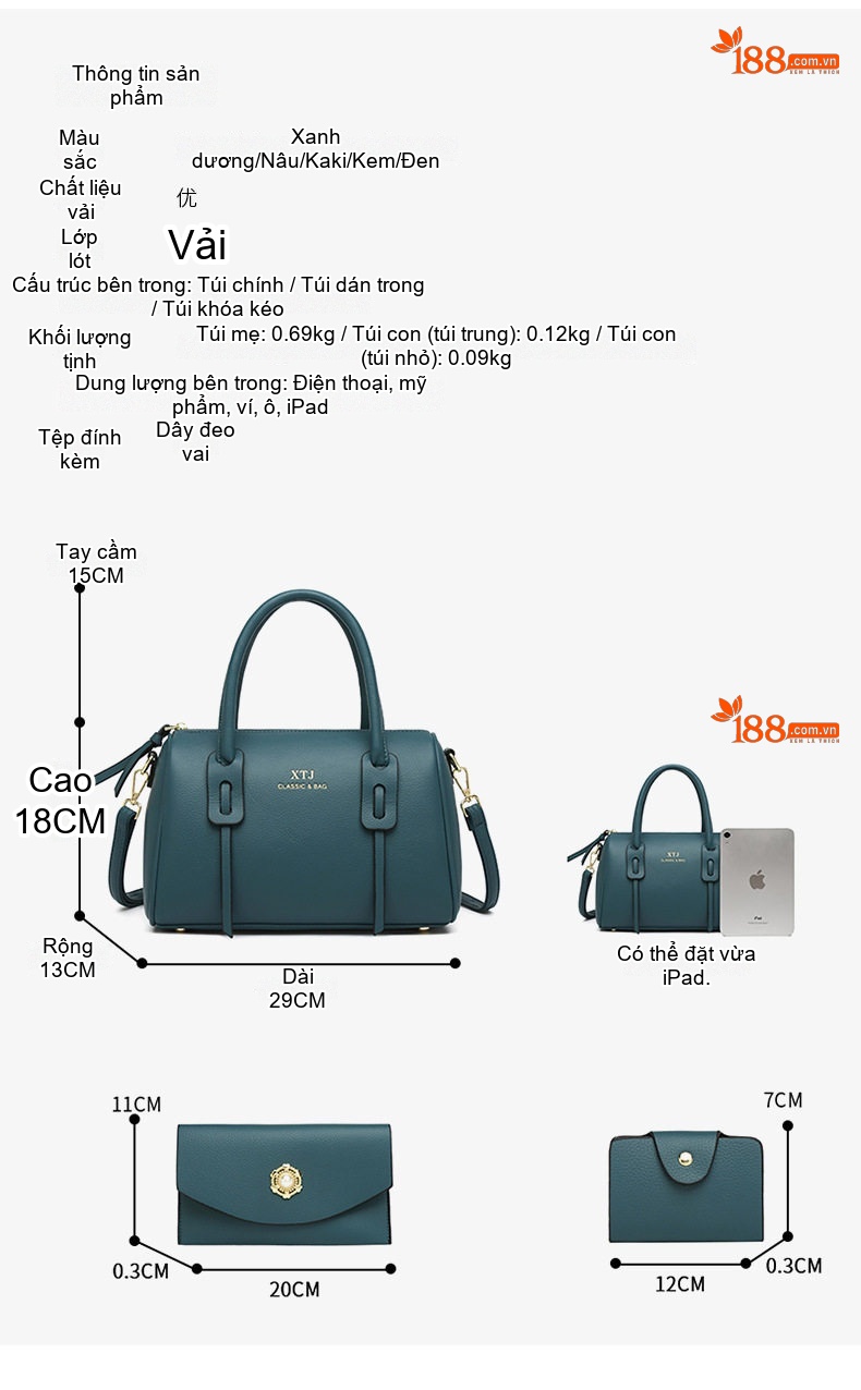 Túi Xách Nữ Set 3 Món Phong Cách Âu Mỹ, Túi Đeo Vai, Túi Đeo Chéo Da Mờ Màu Nâu, Xanh, Đen chi tiết 5