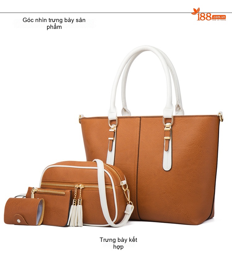 Túi Xách Nữ Set 4 Món Da Bóng Thời Trang Đeo Vai, Đeo Chéo Màu Nâu, Đen, Trắng chi tiết 13