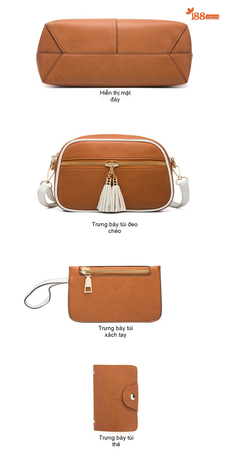 Túi Xách Nữ Set 4 Món Da Bóng Thời Trang Đeo Vai, Đeo Chéo Màu Nâu, Đen, Trắng chi tiết 16