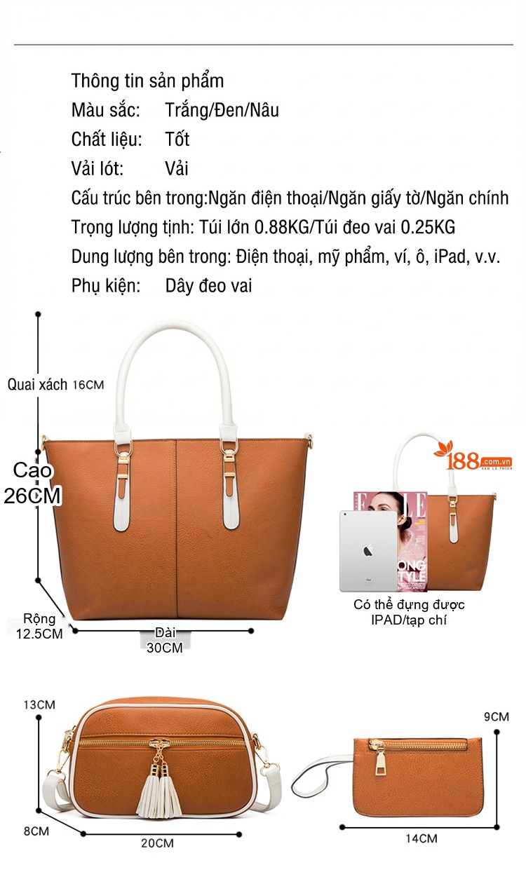 Túi Xách Nữ Set 4 Món Da Bóng Thời Trang Đeo Vai, Đeo Chéo Màu Nâu, Đen, Trắng chi tiết 8
