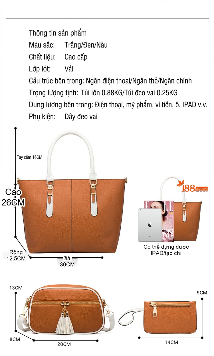 Túi Xách Nữ Set 4 Món Da Bóng Thời Trang Đeo Vai, Đeo Chéo Màu Nâu, Đen, Trắng chi tiết 27