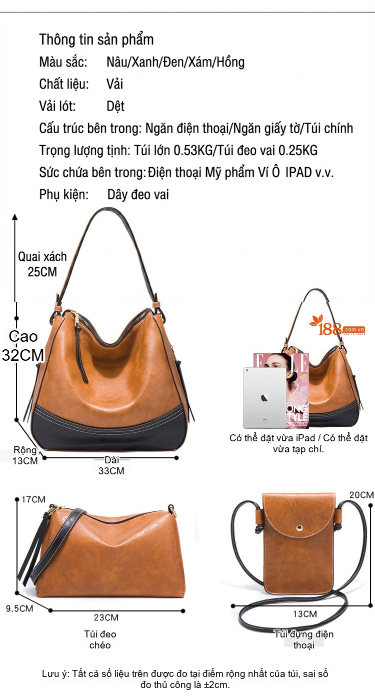 Túi Xách Nữ Set 4 Món Da Mềm Sức Chứa Lớn Thời Trang Màu Nâu, Xanh Navy, Hồng, Xám... chi tiết 10