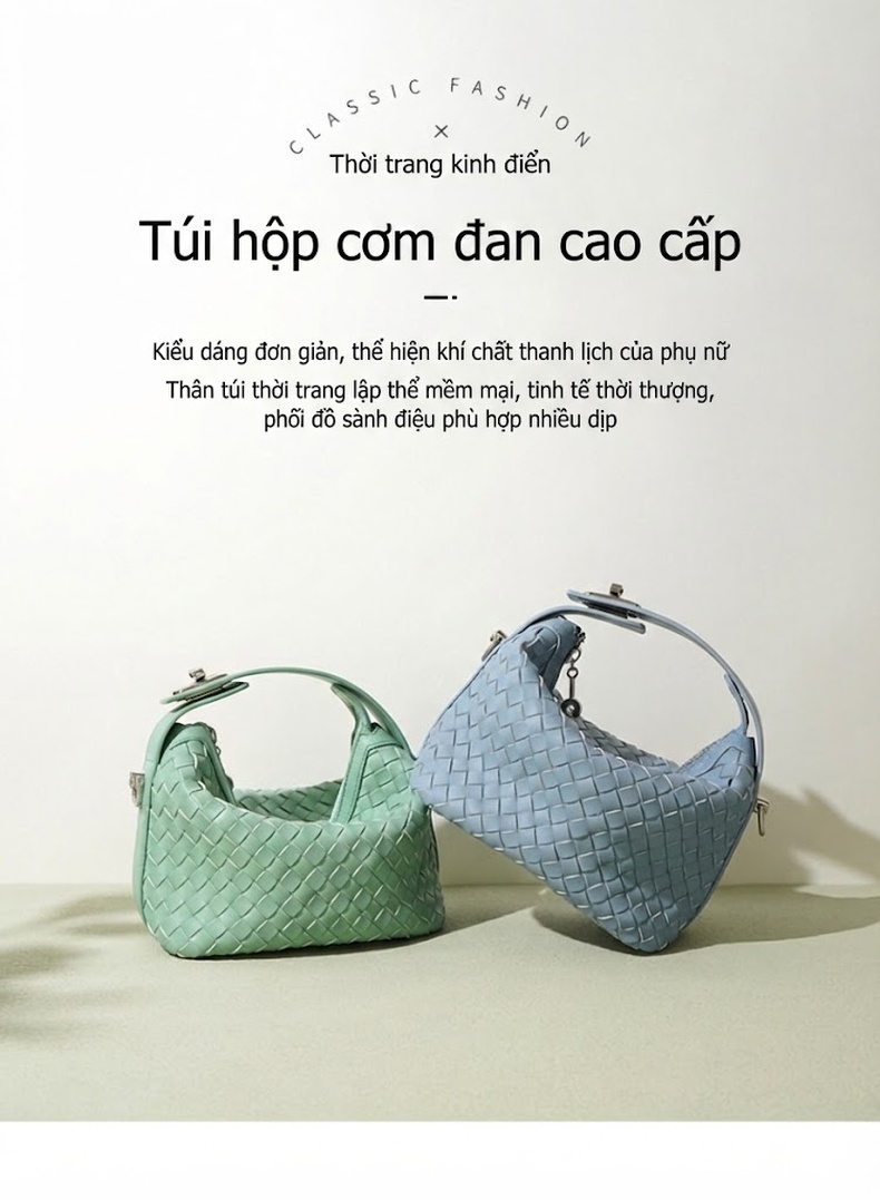 Túi Xách Nữ Thiết Kế Đan Thủ Công Da Thật Dáng Túi Hộp Cầm Tay Màu Trắng Kem, Xanh Mint, Xanh Dương, Bạc chi tiết 2