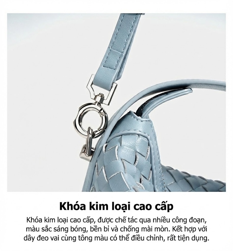 Túi Xách Nữ Thiết Kế Đan Thủ Công Da Thật Dáng Túi Hộp Cầm Tay Màu Trắng Kem, Xanh Mint, Xanh Dương, Bạc chi tiết 13