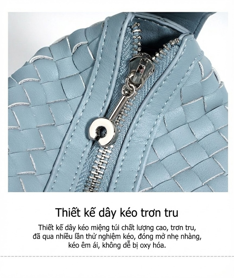 Túi Xách Nữ Thiết Kế Đan Thủ Công Da Thật Dáng Túi Hộp Cầm Tay Màu Trắng Kem, Xanh Mint, Xanh Dương, Bạc chi tiết 14